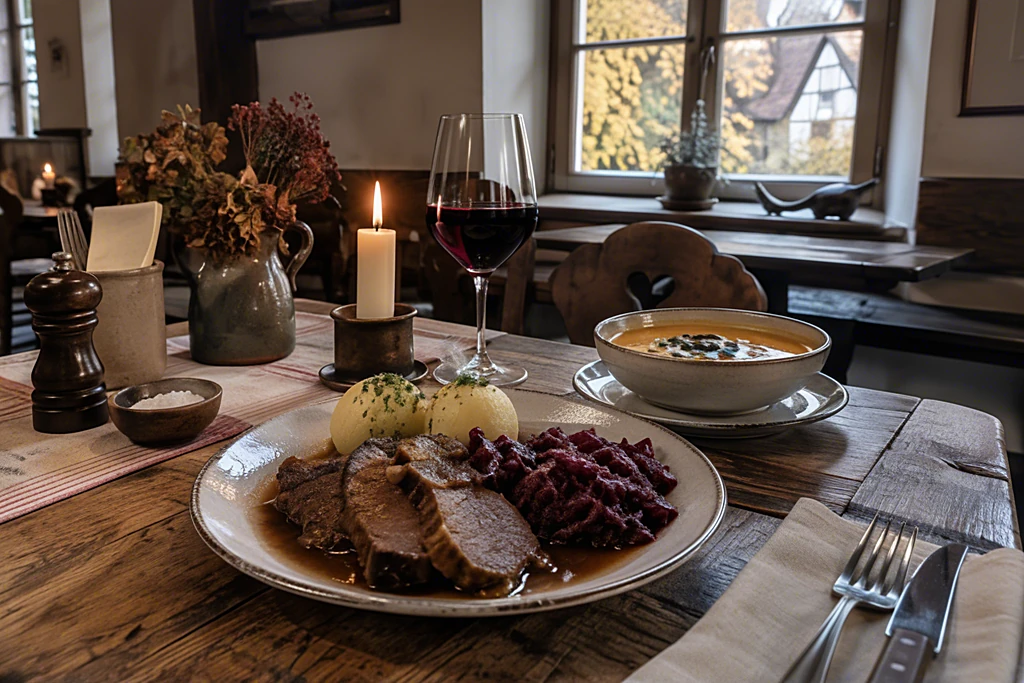 Rehbraten mit Rotkohl und Klößen, Kürbissuppe und Rotwein auf einem Holztisch in einer Gaststube